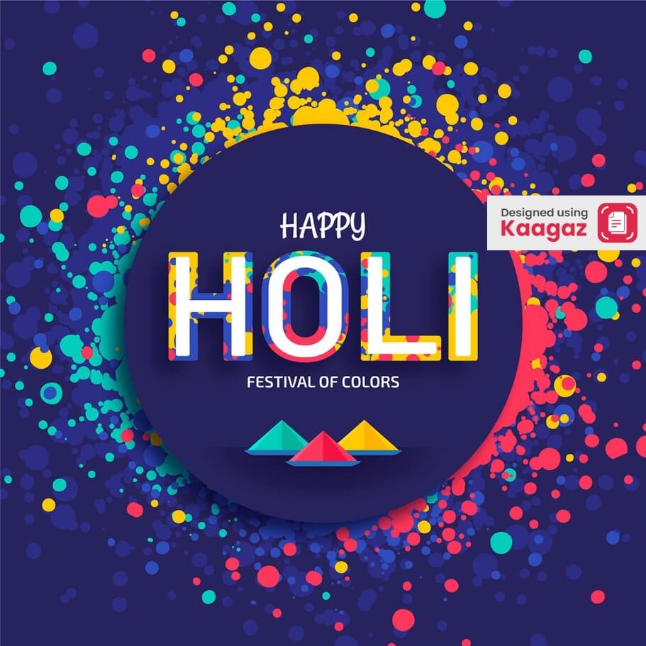 A poster of Happy Holi written in center with a lot of colour droplets around.