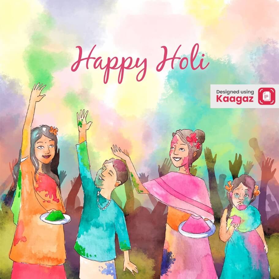 Happy Holi Poster with a sketch of people playing holi in indian clothes.