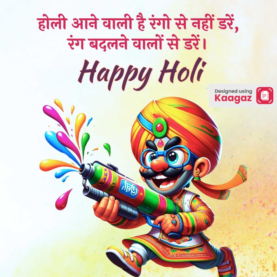 Happy Holi Shayari with a sketch of an Indian man with turban and water gun in his hand and a shayari is written - होली आने वाली है रंगो से नहीं डरें, रंग बदलने वालो से डरें।