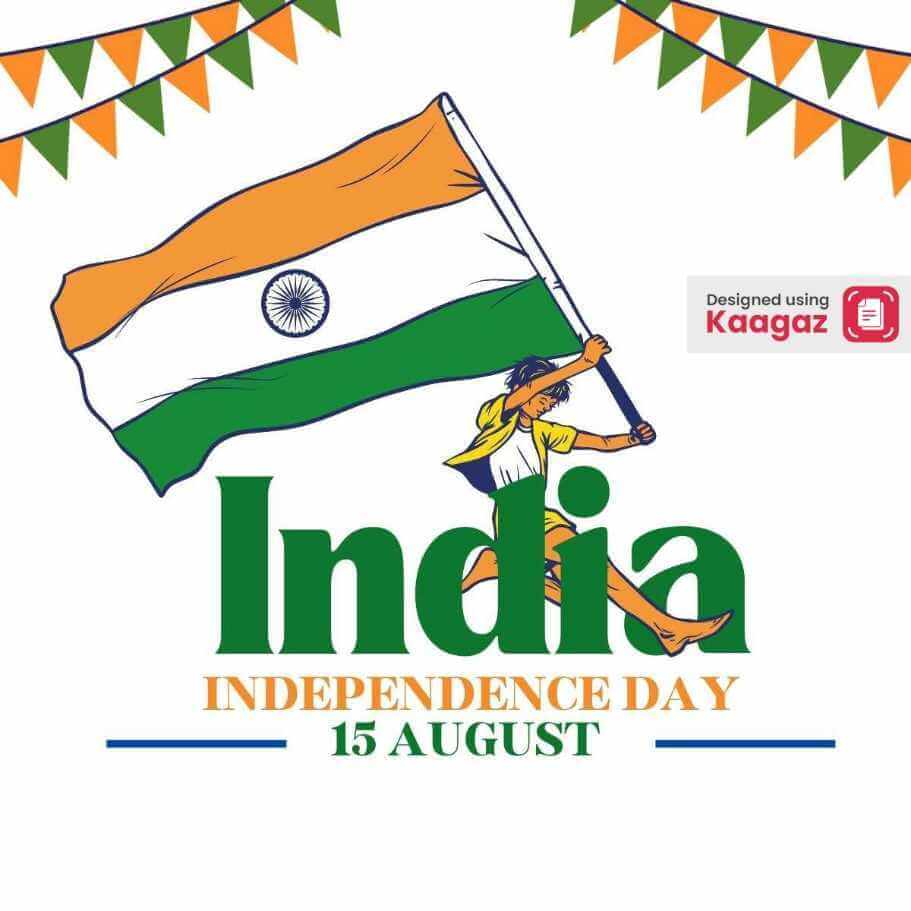 Indian Independence Day poster for 15th August featuring a child holding the national flag of India, surrounded by tricolor borders. 