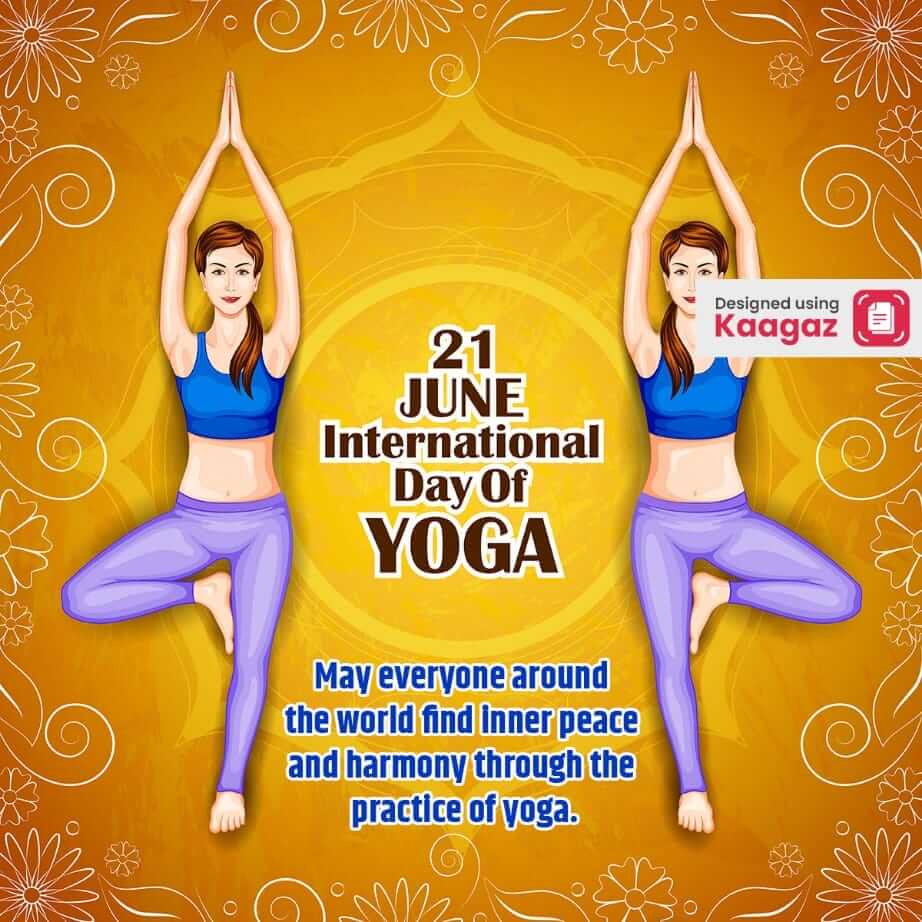 Poster featuring two women practicing yoga against a yellow background