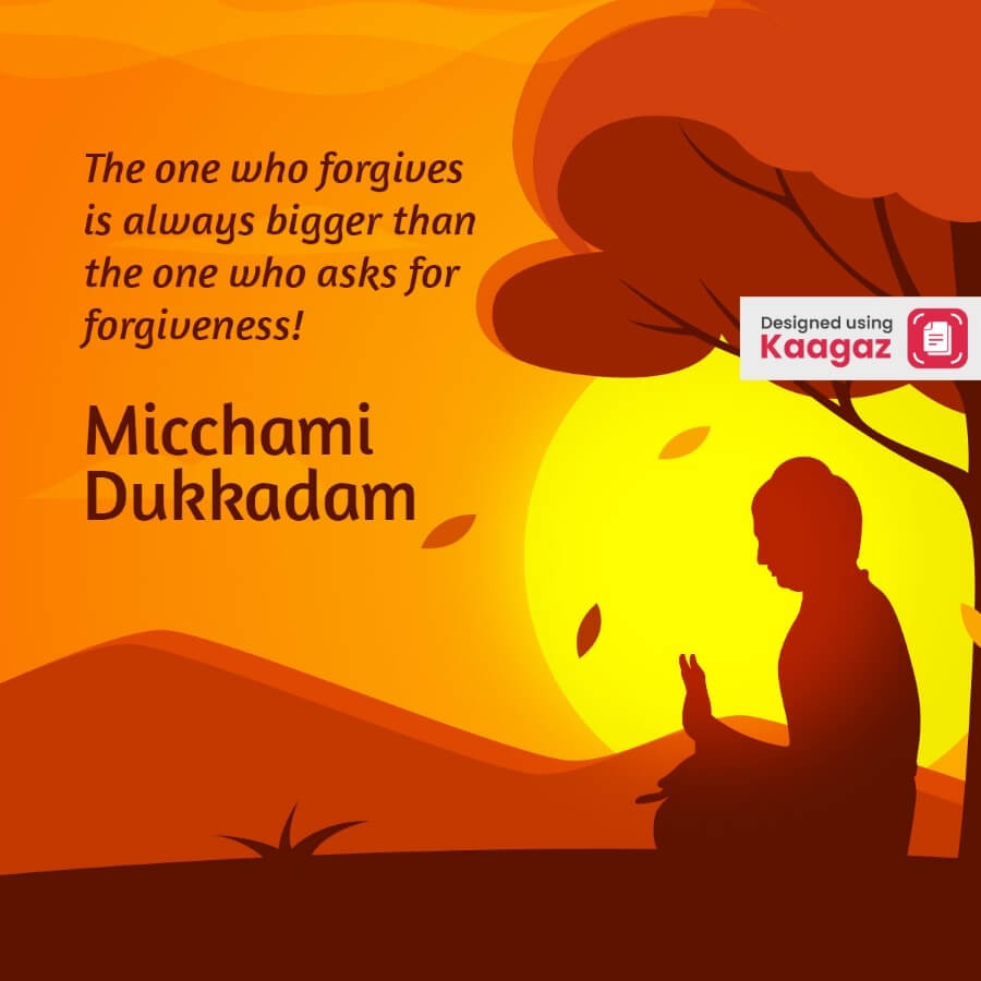 Jain Samvatsari Poster showing a warm sunset scene a shadow of a person is depicted in a meditative pose. Micchami Dukkadam