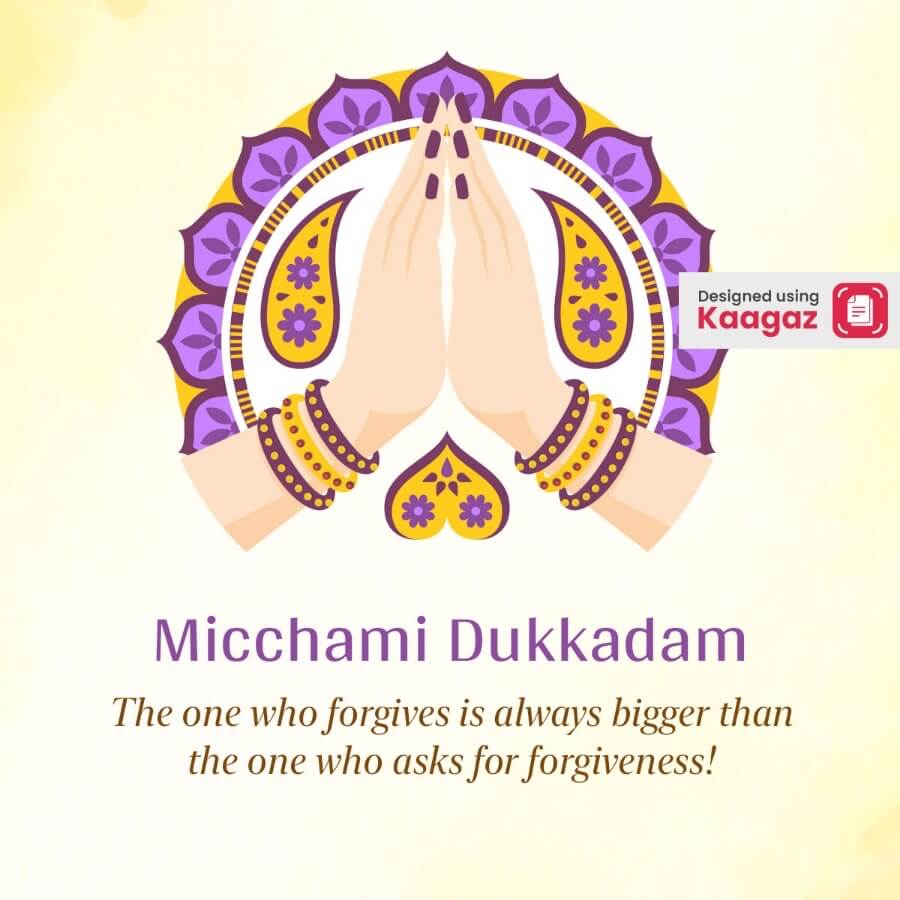 Jain Samvatsari poster depicting a pair of praying hands surrounded by decorative circular pattern in purple and yellow. Micchami Dukkadam
