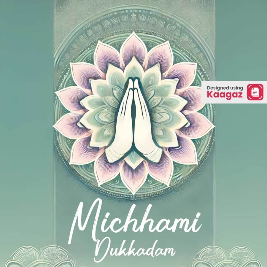 Jain Samvatsari poster depicting a pair of praying hands with a teal-purple floral background. Micchami Dukkadam. 