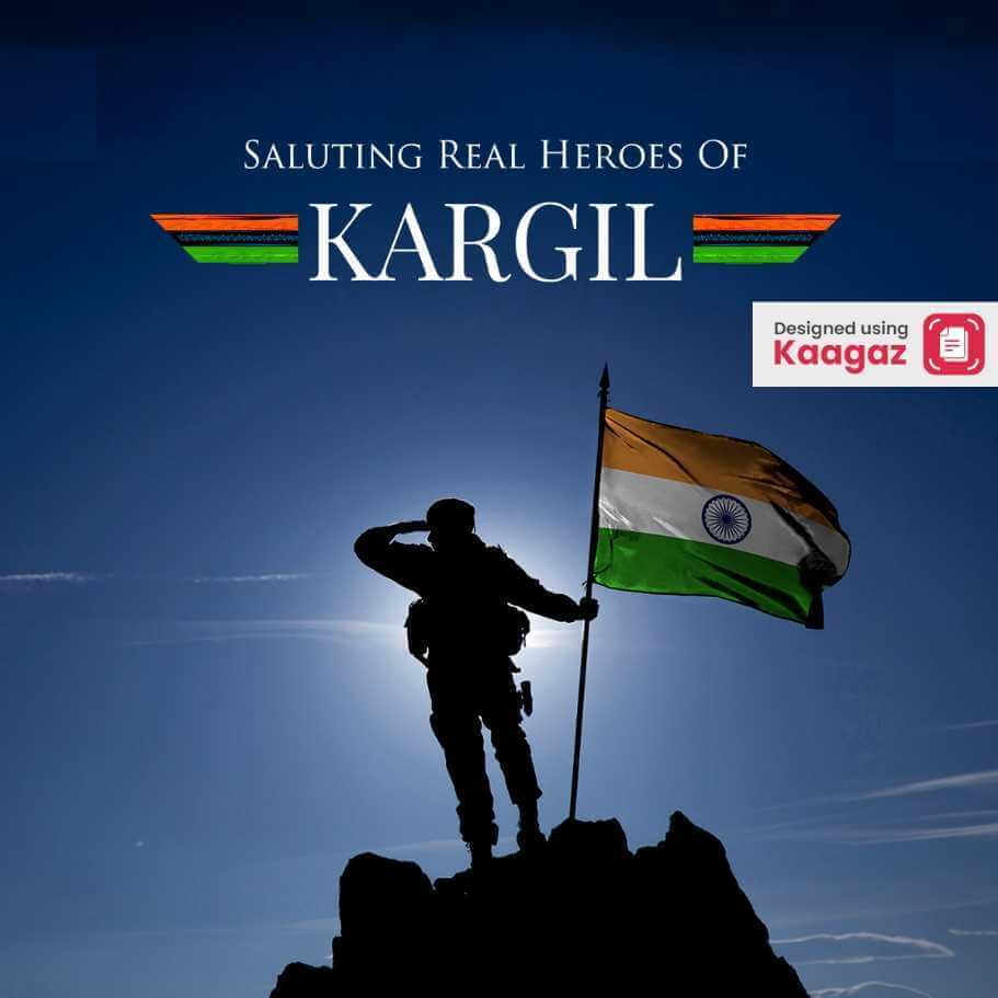 Soldier standing atop a mountain, casting a shadow, with the Indian flag against the sky in the background