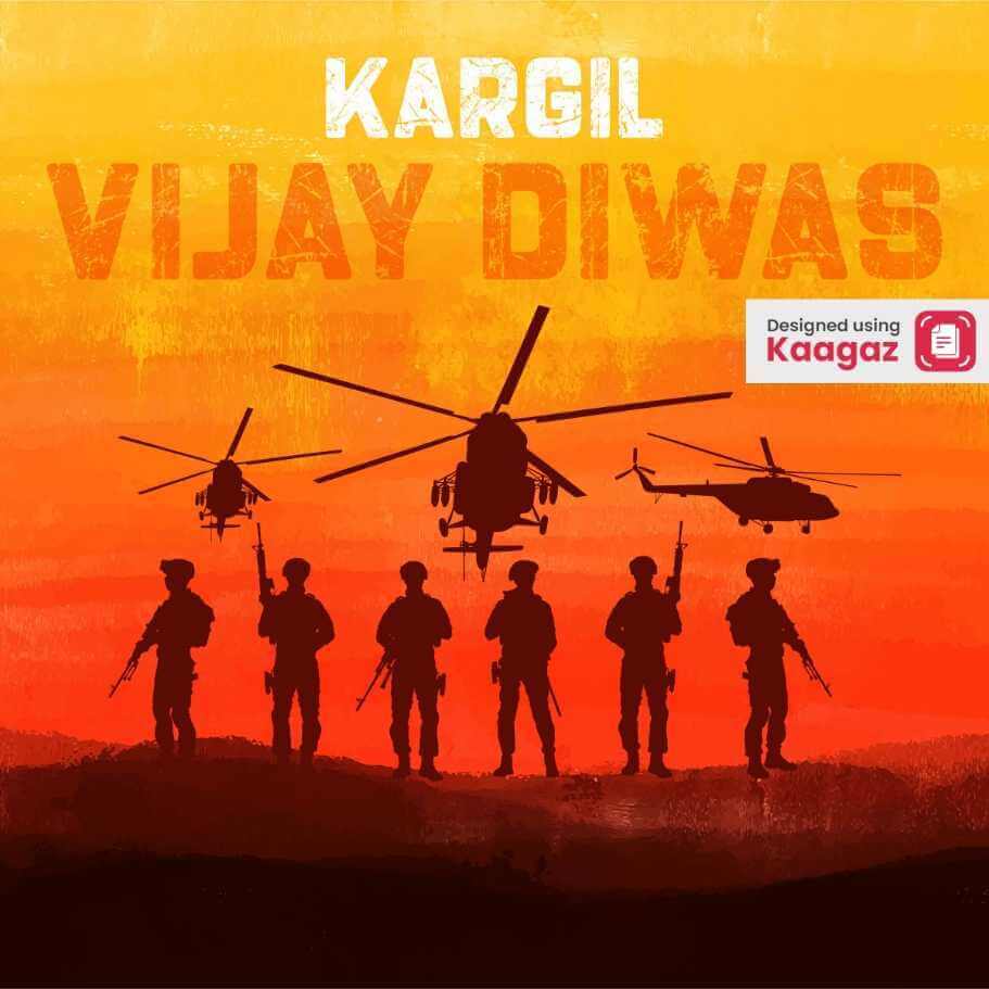 Kargil Vijay Diwas poster with sunset background, three helicopters silhouette, soldier silhouette