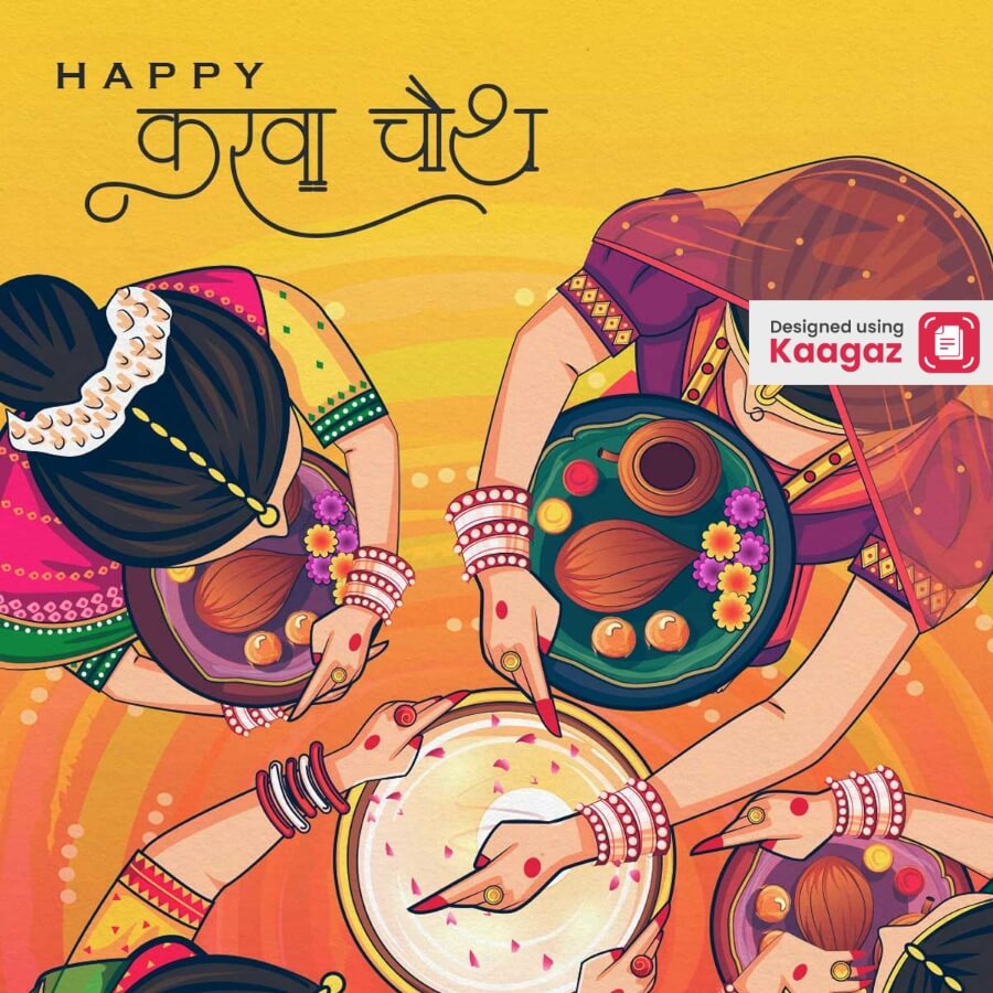 a poster of 4 married women in traditional Indian saris holding plates in their hands against a yellow background 