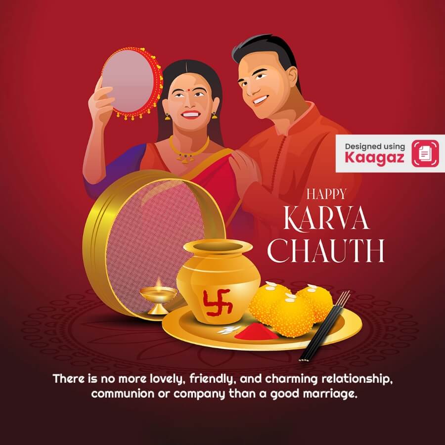 a poster of a couple celebrating Karva Chauth where the wife is trying to see the reflection of the moon with her husband