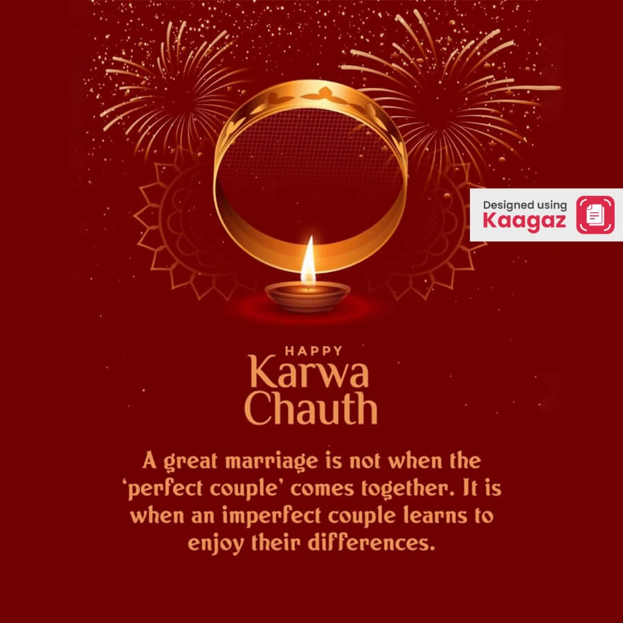  This poster showcases a sieve and a diya against a dark red background. Firecrackers burst in the background, symbolizing the celebration of Karva Chauth.