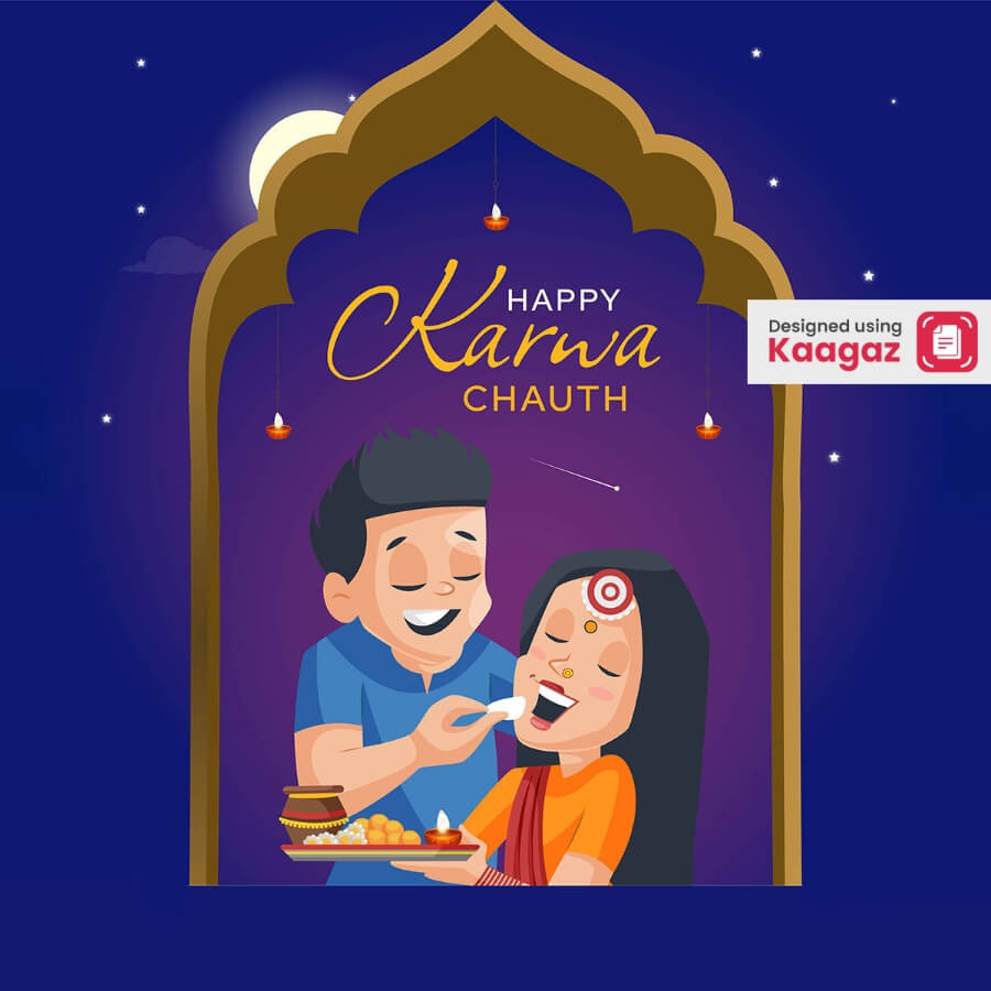 This poster depicts a couple celebrating Karva Chauth. The husband is offering his wife prasad to break her fast, set against a nighttime backdrop.