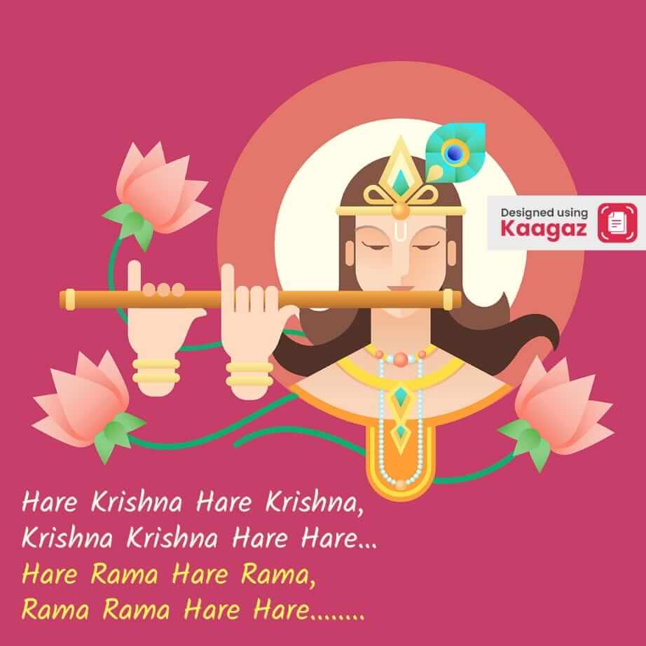  Shri Krishna playing with his flute with a peacock feather in his hair against a pink backdrop -   Hare Krishna Hare Krishna, Krishna Krishna Hare Hare. 