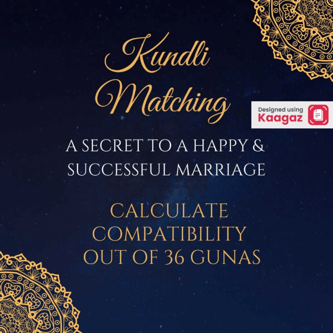 Classy Kundli Matching poster with blue background and golden border, calculate compatibility of 36 gunas.