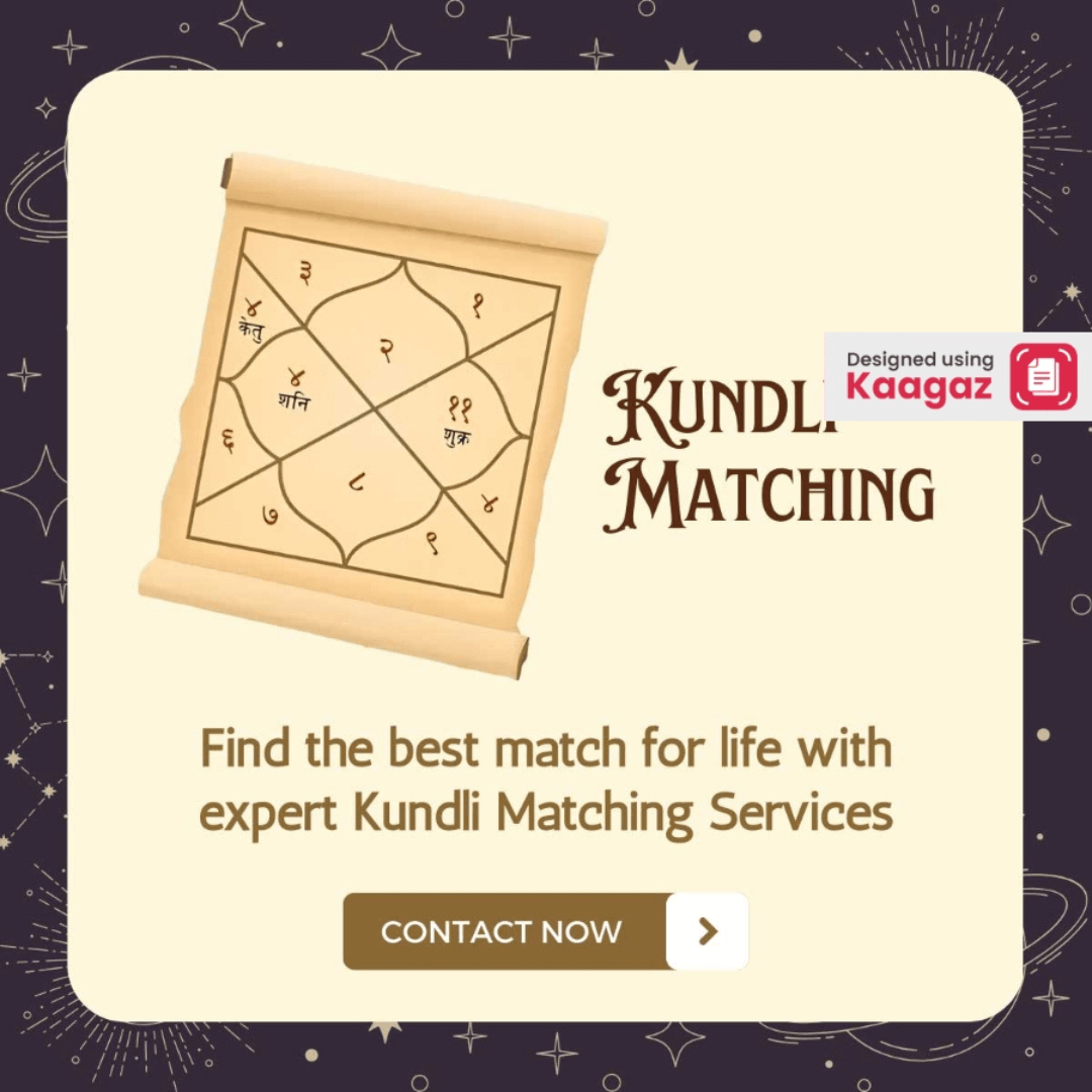 Blue and beige Kundli Milan poster with birth chart, finding best match for life with Kundli matching services.