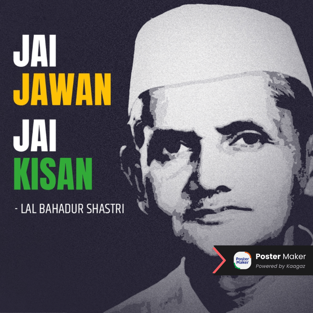 Happy Lal Bahadur Shastri Jayanti poster with “JAI JAWAN. JAI KISAN.” greetings.