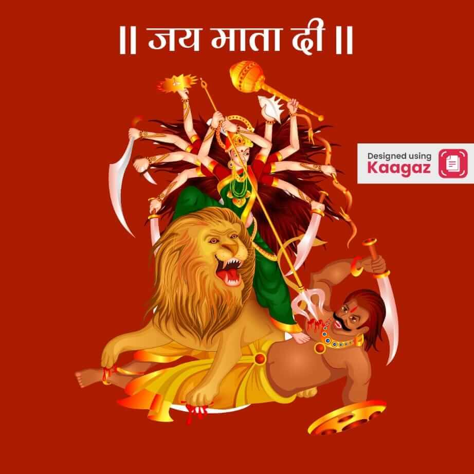 Fierce Maa Durga poster in her wrathful form, with a trishul (trident) as she sits atop her lion, killing evil forces 