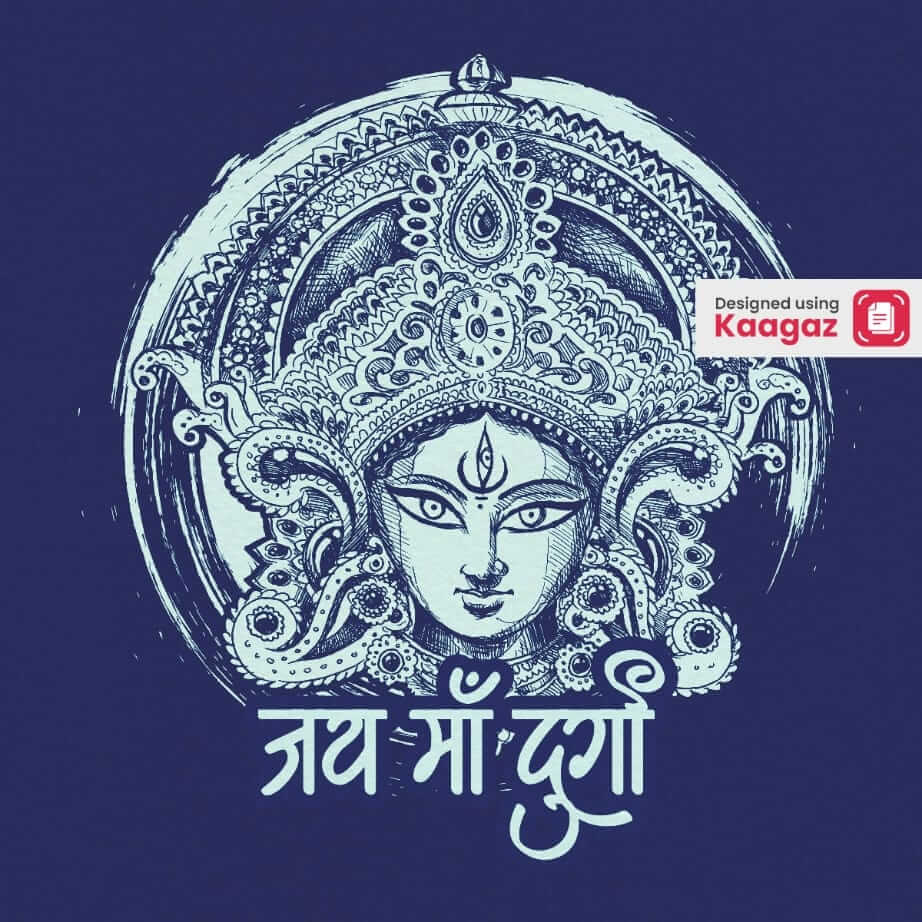 High-contrast blue-green poster featuring a detailed sketch of Maa Durga: जय माँ दुर्गा   