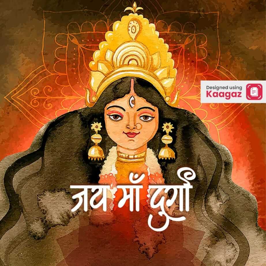 Watercolor poster of Maa Durga with golden jewellery, a red background and her iconic third eye- जय माँ दुर्गा 