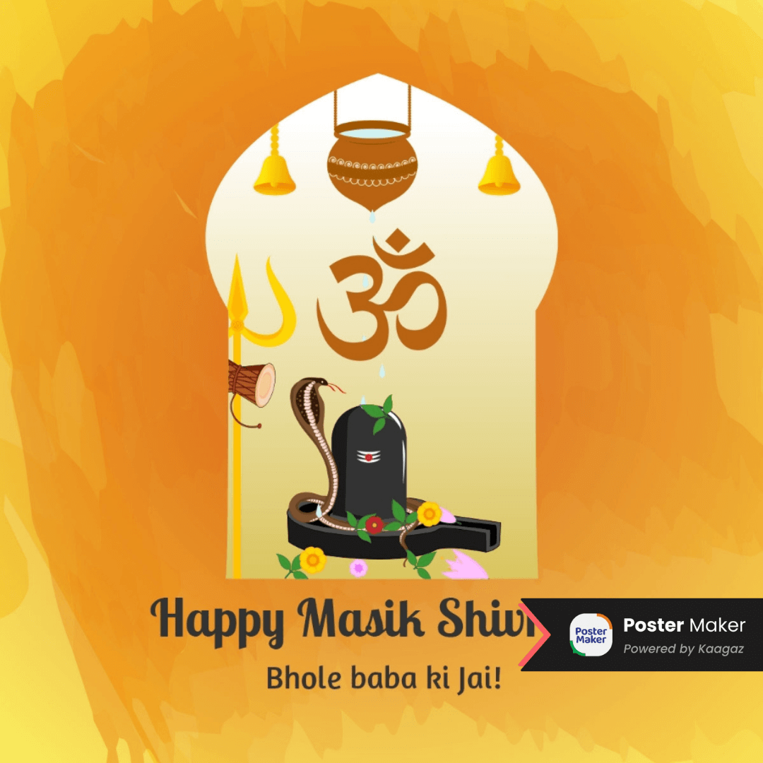 Colorful Masik Shivratri poster with Shivling, Om symbol, Trishul, flowers. 'Happy Masik Shivratri. Bhole baba ki Jai!’