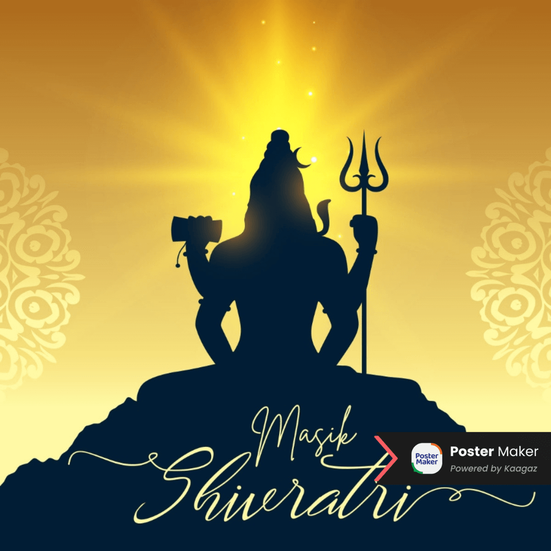 Masik Shivratri Poster with striking silhouette of Shiv Ji with his trident and damru in meditation against a golden background.