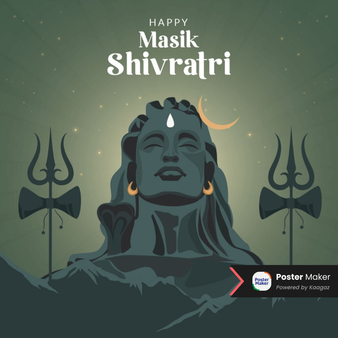 Happy Masik Shivratri Poster with statue of Shiv Ji, tridents, crescent moon, and a green gradient background. 