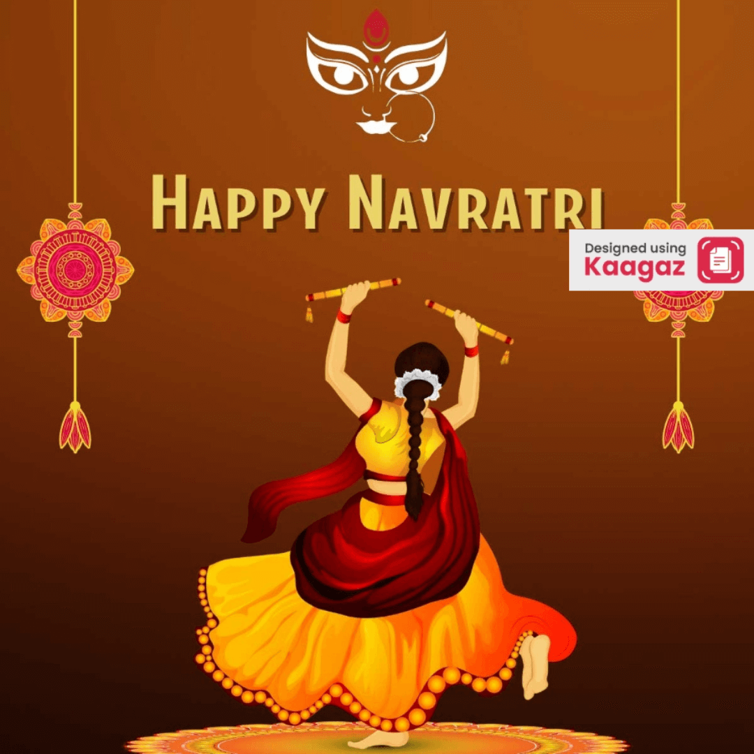 Happy Navratri poster with a brown background, featuring a woman dancing with dandiya sticks and the presence of Durga Maa.