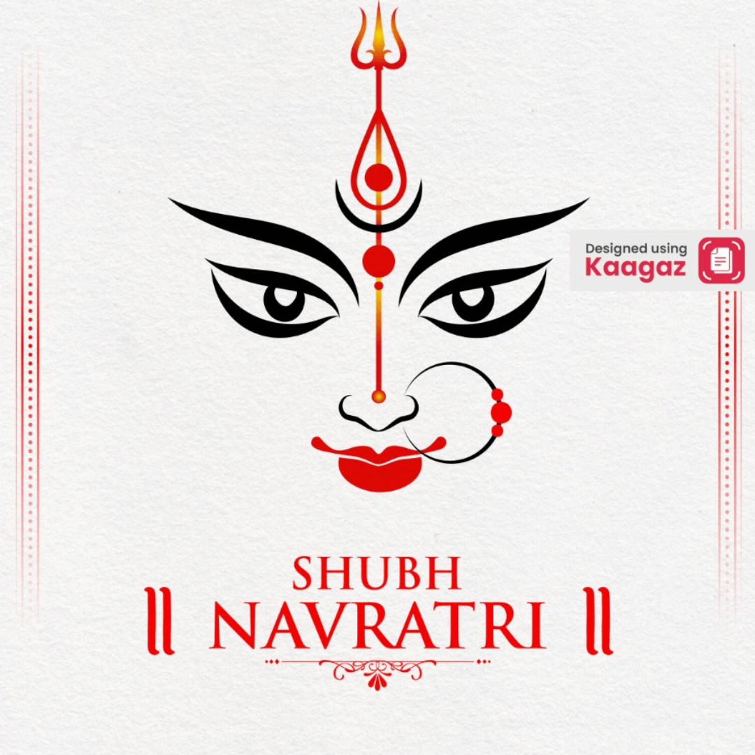 Shubh Navratri white and red poster with a minimalist design featuring Durga Maa's face.