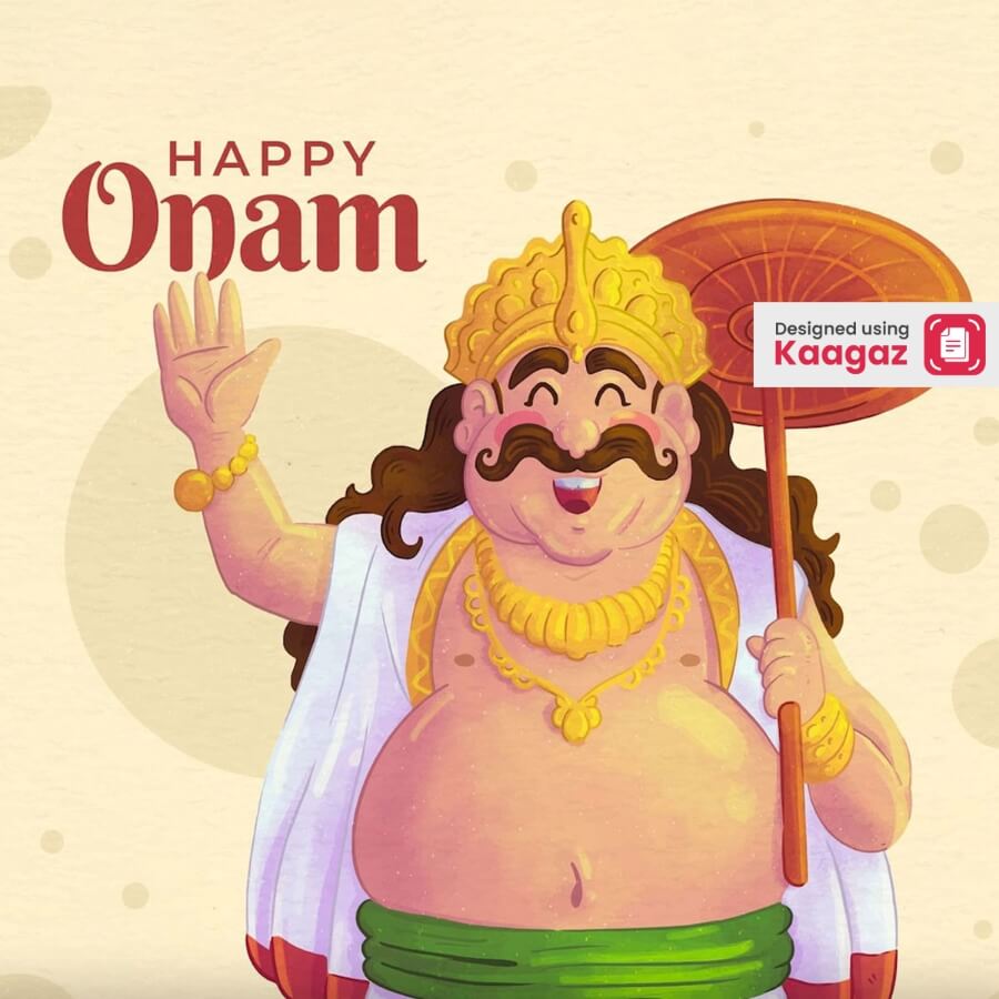 Happy Onam poster with King Mahabali smiling and waving on beige background