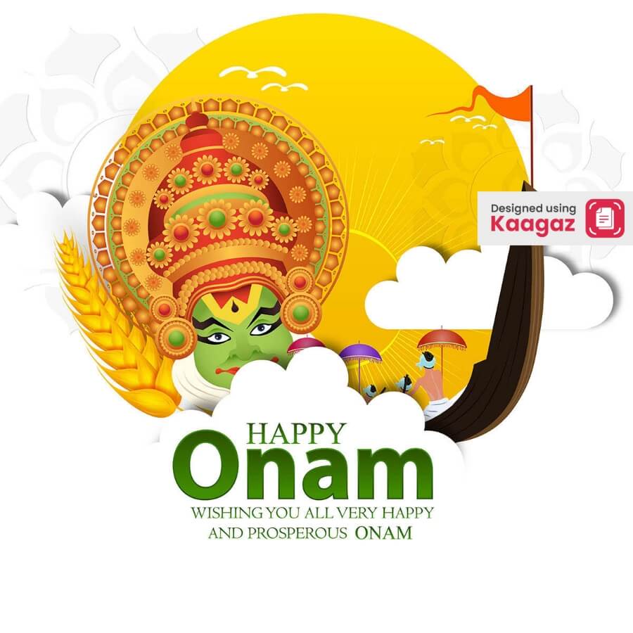 Happy Onam poster with kathakali face, harvest boat, and sun on a clean white background 