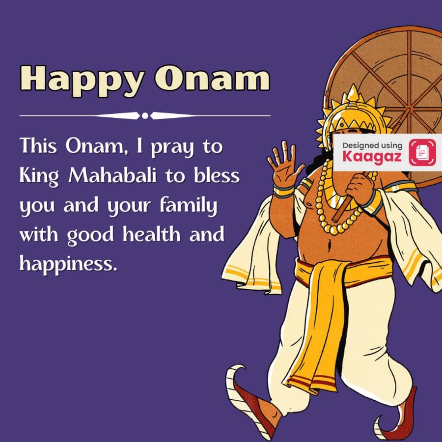 Animated drawing poster of Mahabali returning and waving against a purple background. Happy Onam.