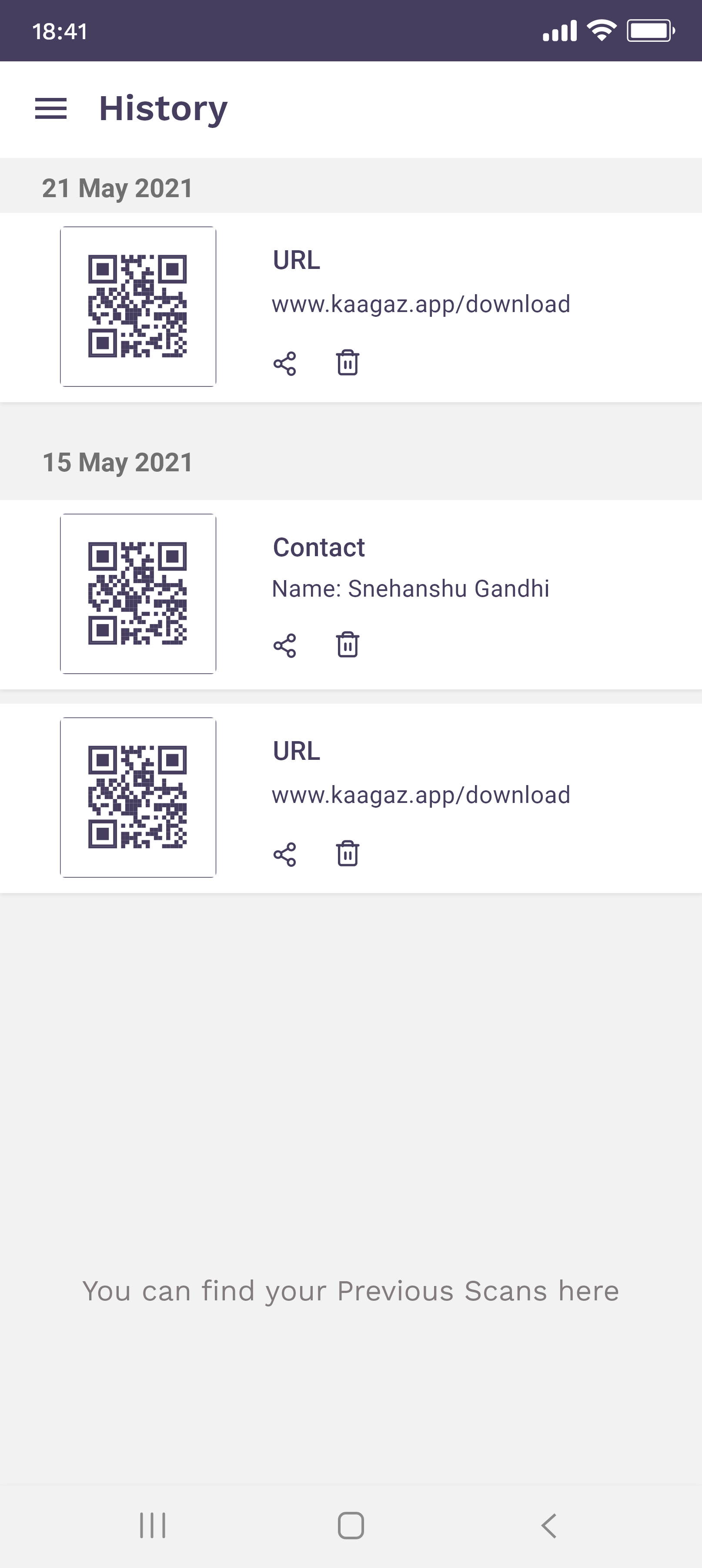 Manage history of QR codes scanned & created using Kaagaz