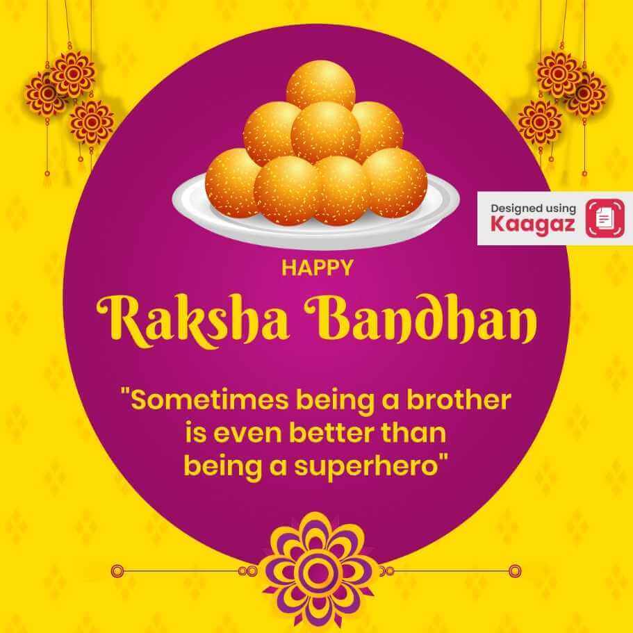  Happy Raksha Bandhan poster with purple and gold background, laddoos and Rakhis on both sides, Sometimes being a brother is even better than being a superhero.