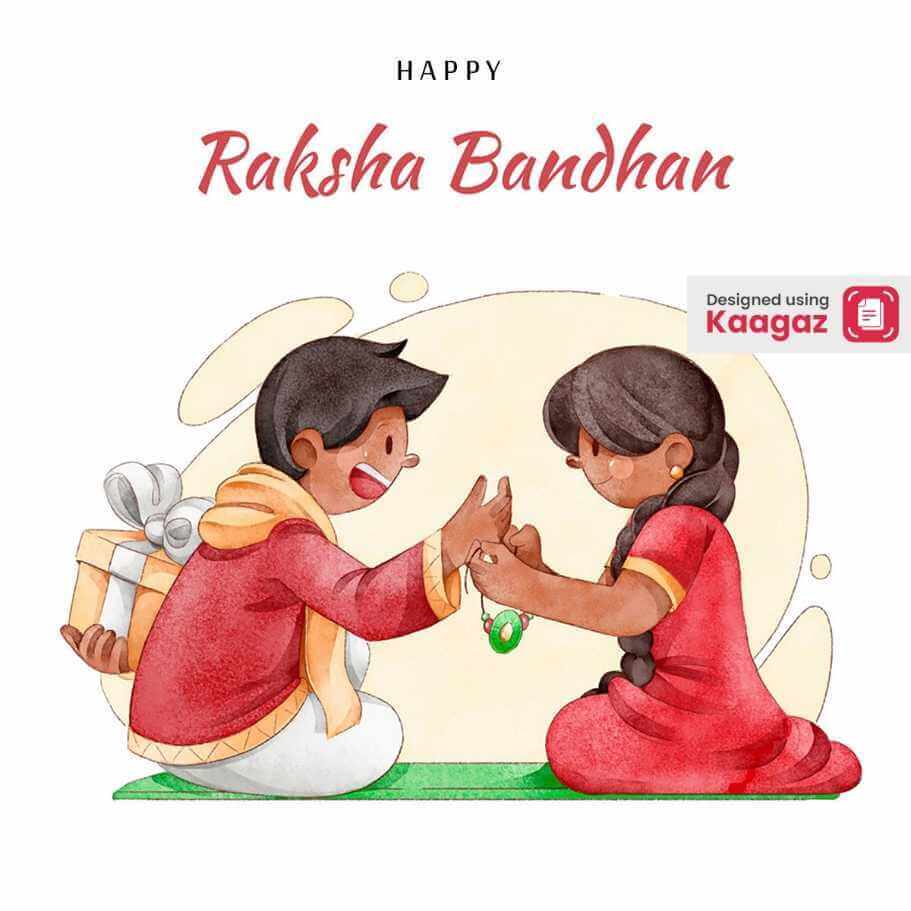 Cartoonish watercolor Happy Raksha Bandhan poster: Sister tying Rakhi, brother hiding gift, white background