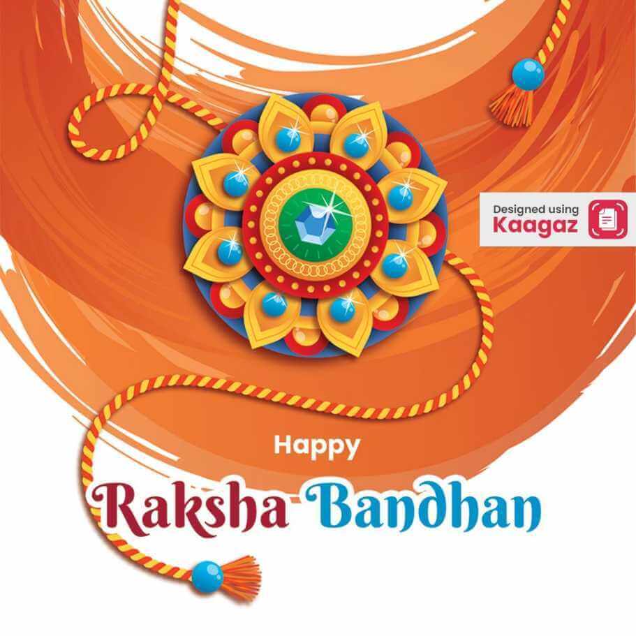 3D Happy Raksha Bandhan poster with blue, yellow, red, green Rakhi on orange and white background