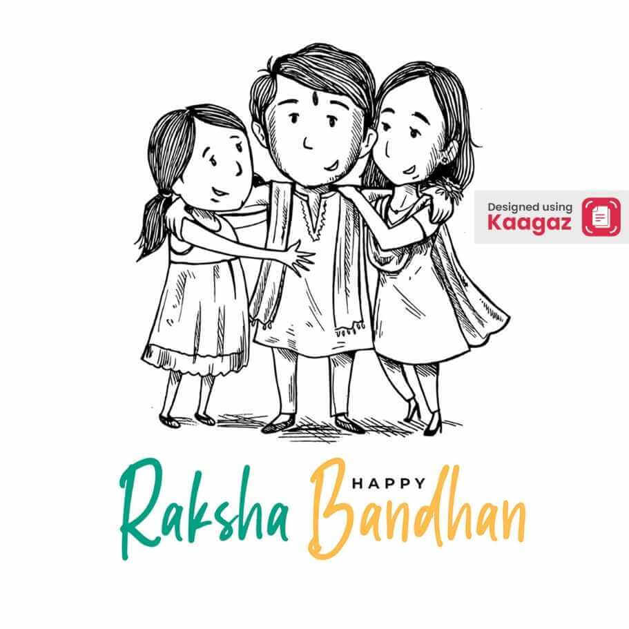 Black and white sketch Happy Raksha Bandhan poster: Brother and two sisters