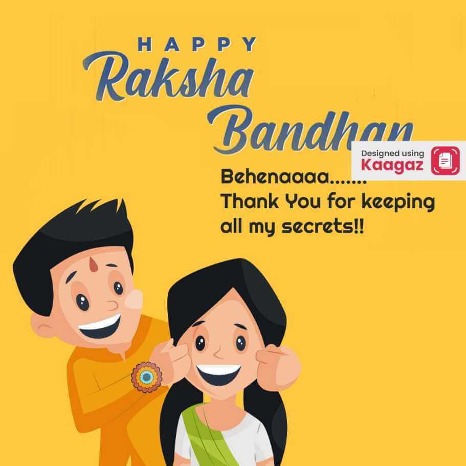 Cartoon brother and sister Happy Raksha Bandhan poster: Brother pulling sister's cheeks, yellow background, thank you for keeping all my secrets