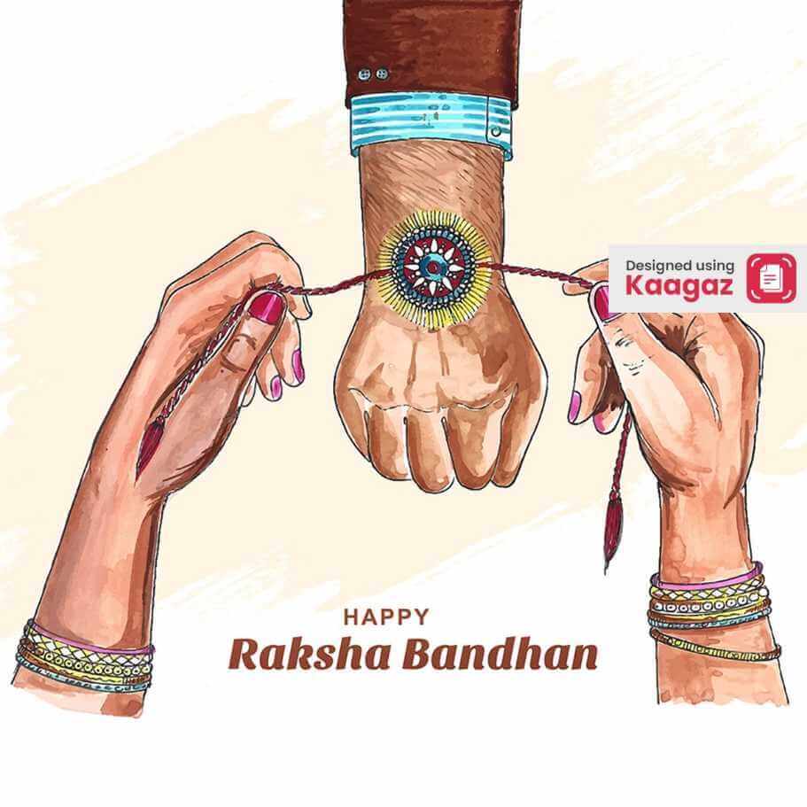 Realistic Happy Raksha Bandhan poster: Brother stretching hand, sister tying Rakhi, white and beige background