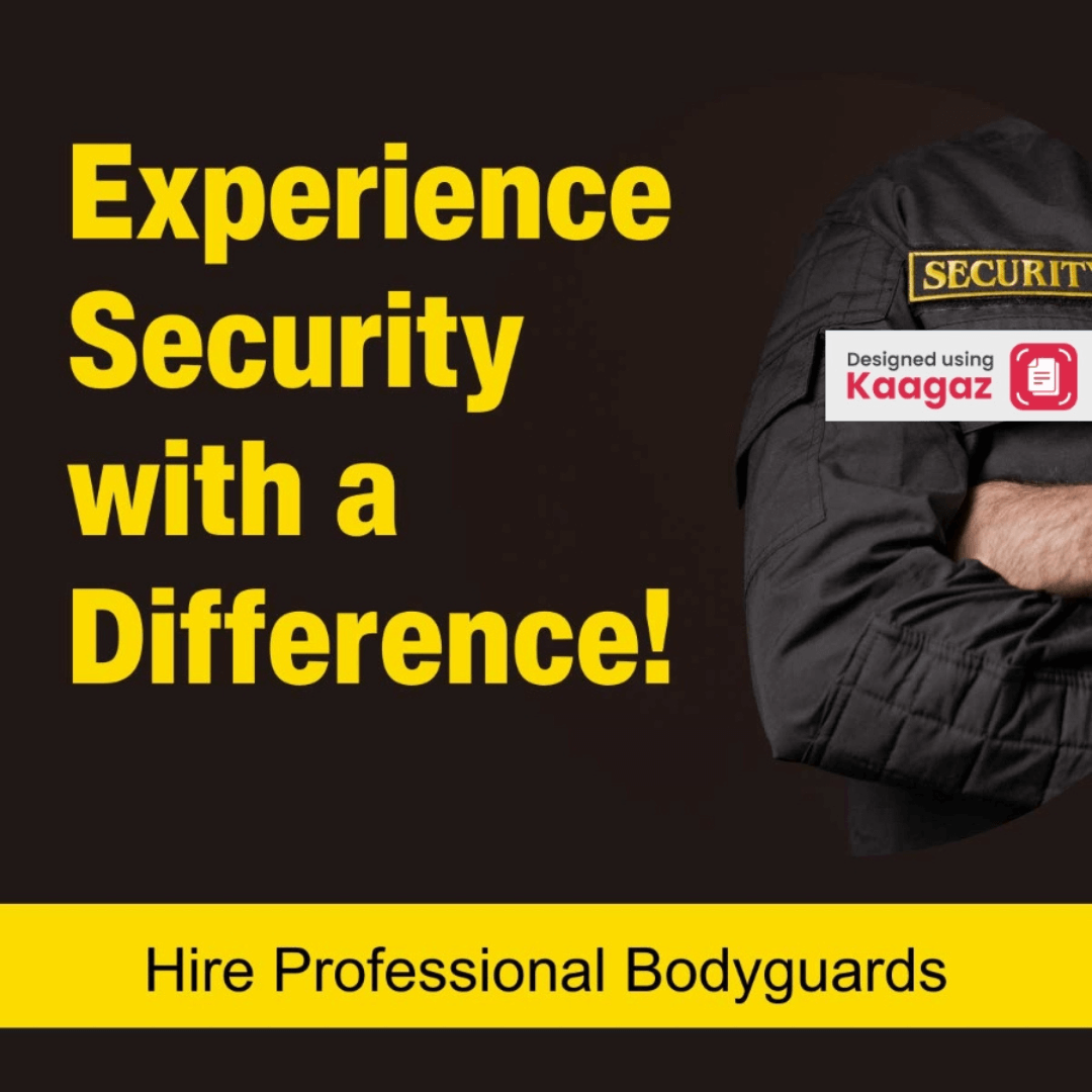 Black and yellow poster promoting highly professional bodyguards: Experience security with a difference.