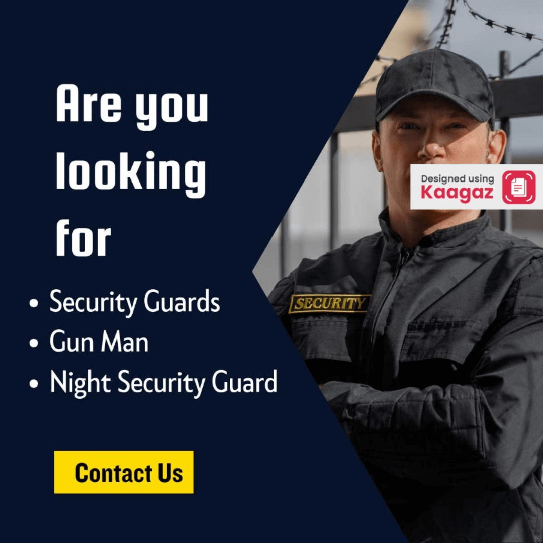 Blue background poster featuring a security guard, gun man, night security guard: Are you looking for professional security services.