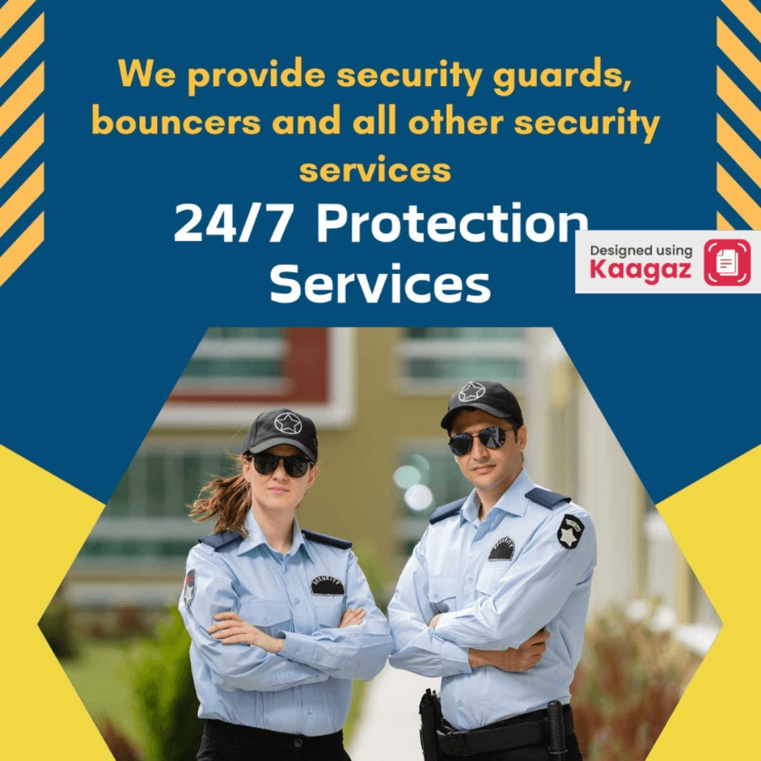  Blue background poster featuring a security guard, gun man, night security guard: Are you looking for professional security services.