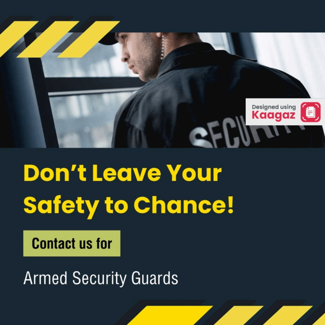 Yellow and blue poster promoting armed security services: Don't leave your security to chance, contact us today.