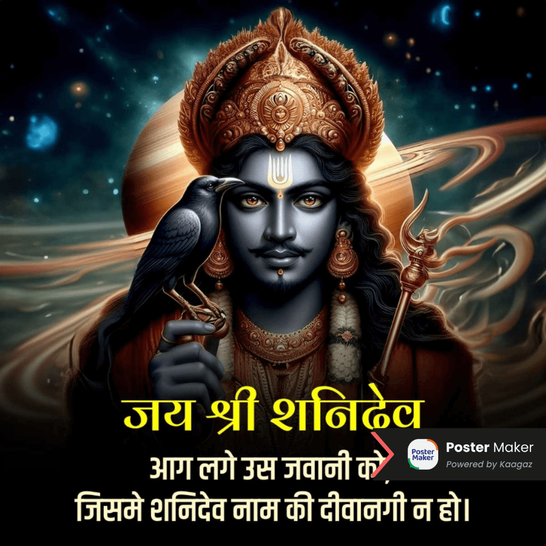 Shani Dev adorned with intricate golden jewelry and a crown,  A black crow, which is often associated with Shani,जय श्री शनिदेव आग लगे उस जवानी को जिसमे शनिदेव नाम की दीवानगी न हो । 