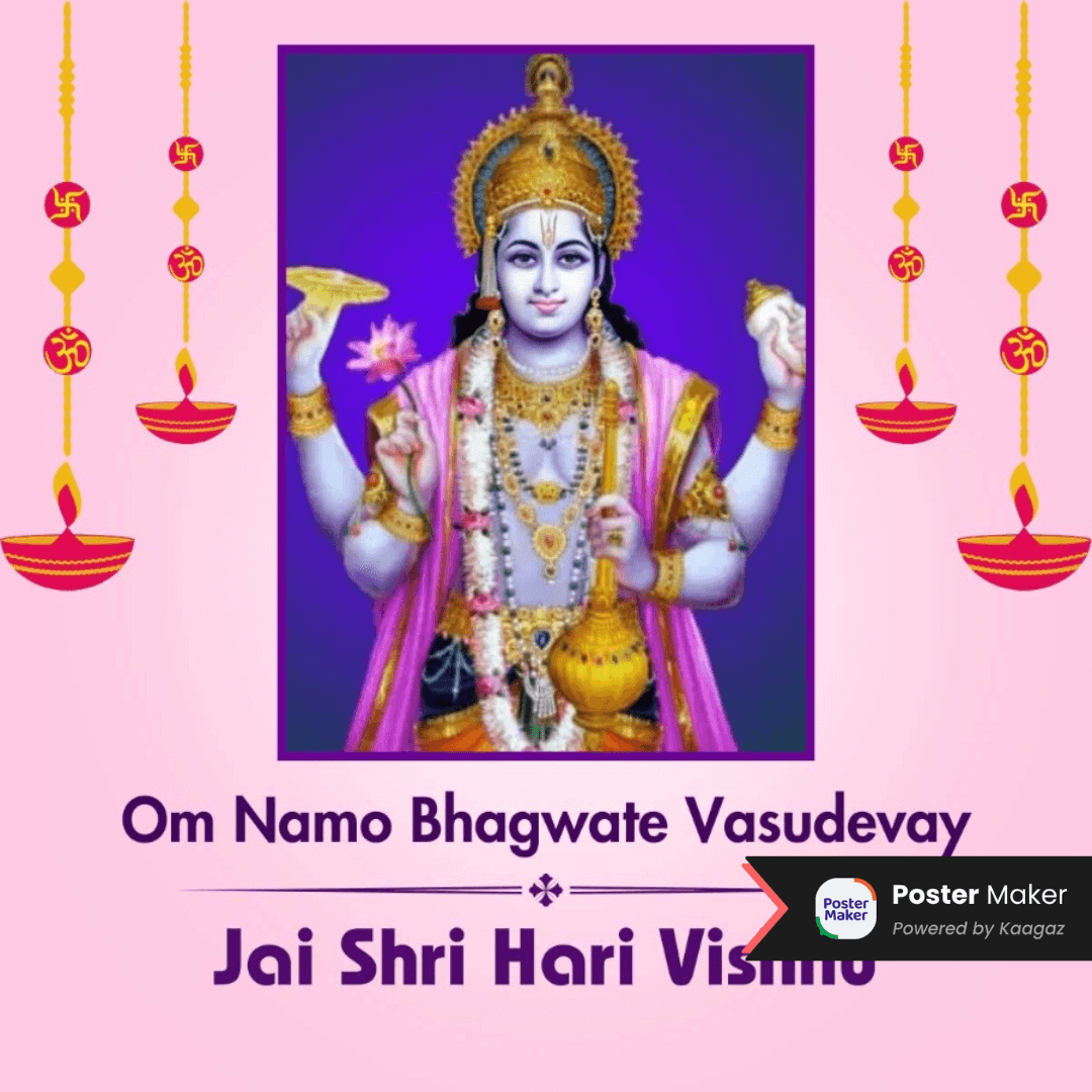 Thursday poster of Vishnu ji in a purple frame and pink background with diyas hanging. ॐ नमो भगवते वासुदेवाय के पोस्टर्स