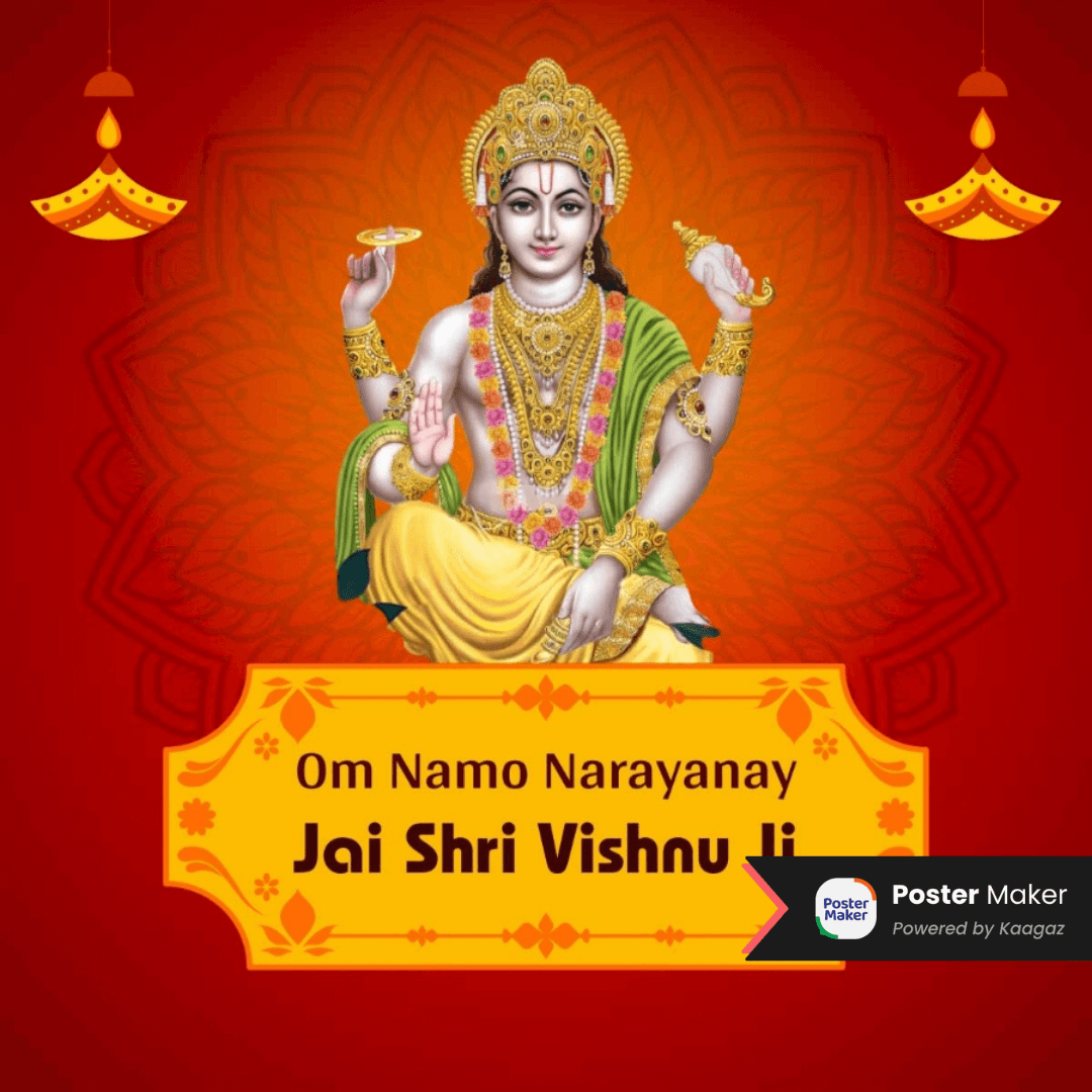 Thursday poster of Jai Shri Vishnu Ji sitting with diyas hanging behind him against a red background.