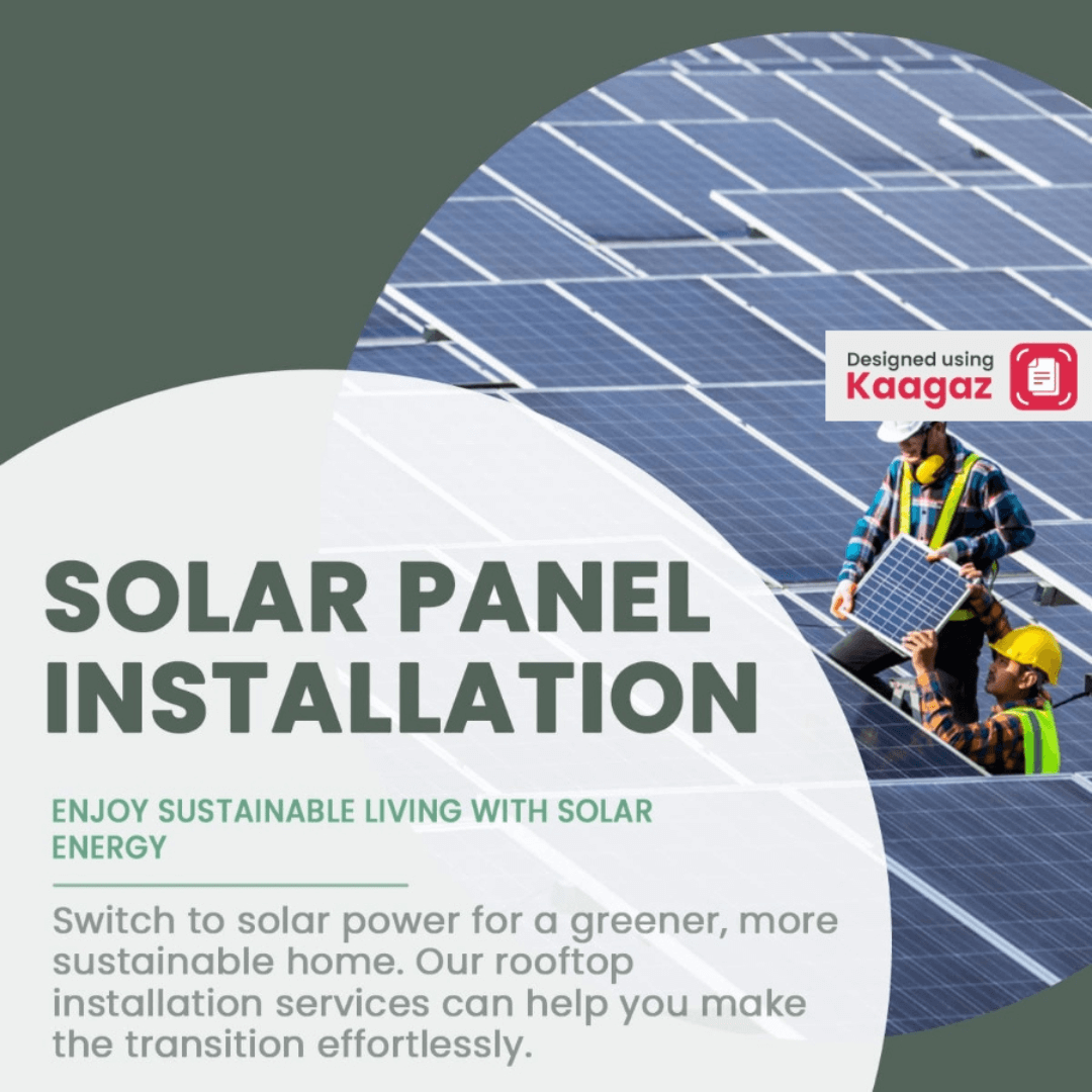 Green background with solar panel installation service. Enjoy sustainability with image of two men on rooftop installing solar panel.