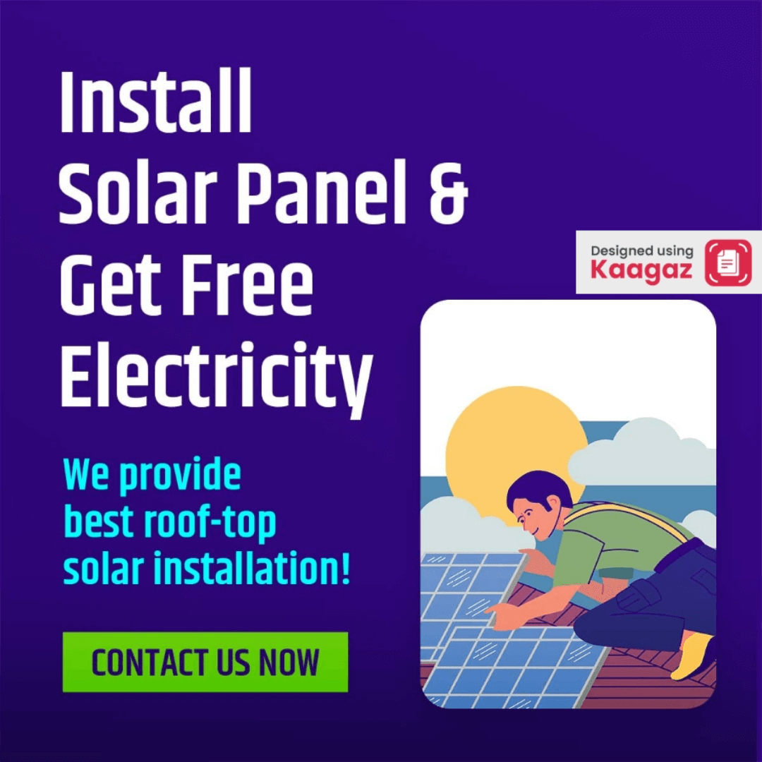 High-contrast poster promoting 'Install solar panels and get free electricity,' featuring illustration of man installing solar panel.