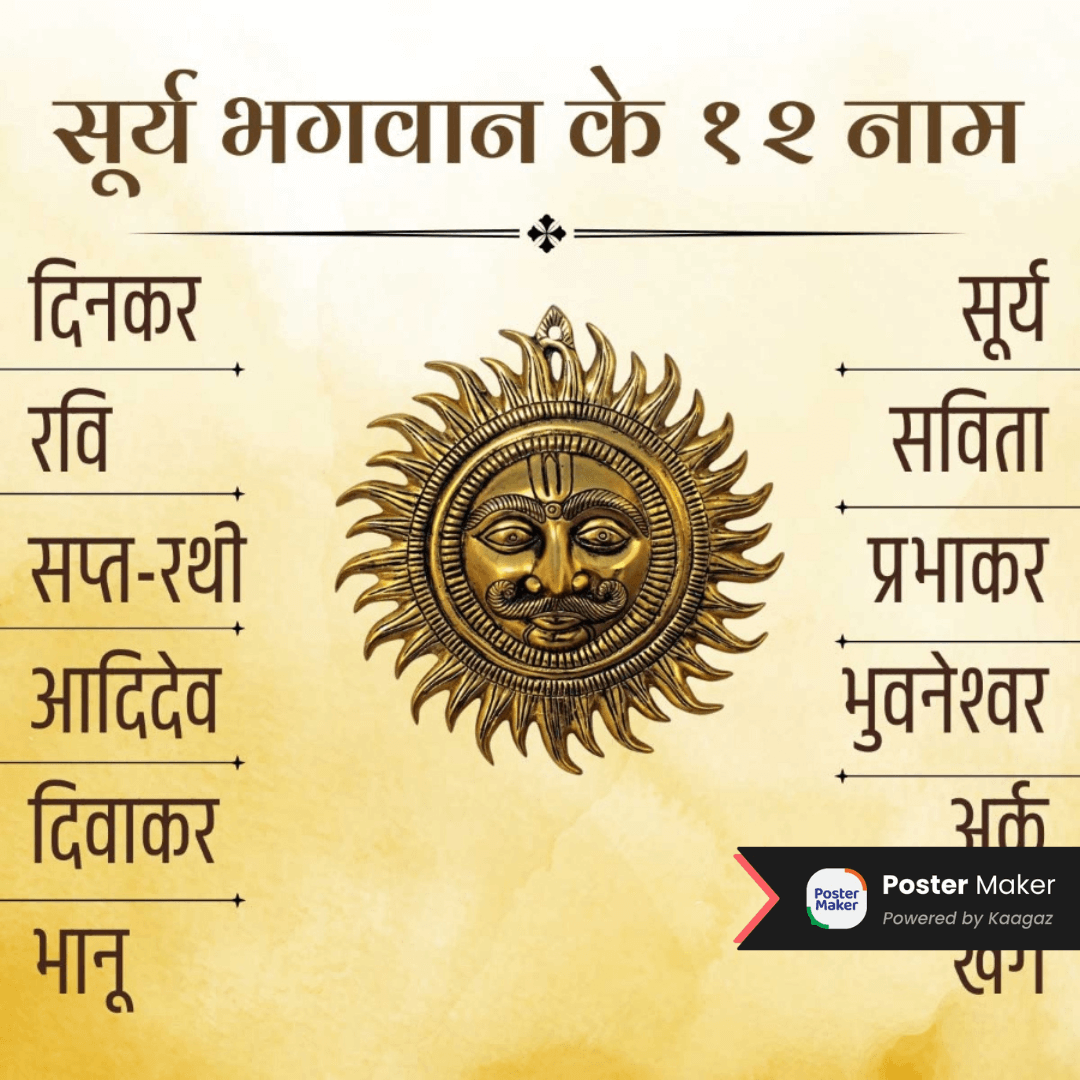 Sunday greetings poster with the 12 names of Surya Bhagwan. दिनकर, रवि, सप्त-रथी, आदिदेव, दिवाकर, भानु, सूर्य, सविता, प्रभाकर, भुवनेश्वर, अर्क